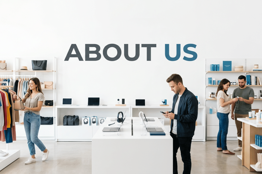 "A clean, modern image showing people discovering a variety of products, with the words 'About Us' prominently displayed in large text at the center of the image, to reinforce the brand identity and introduce visitors to the page content."