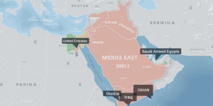 Map of the Middle East with highlighted countries.